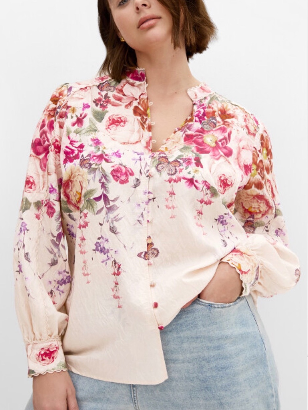 City Chic Floral Button-Front Ivory Blouse with Pink Accents